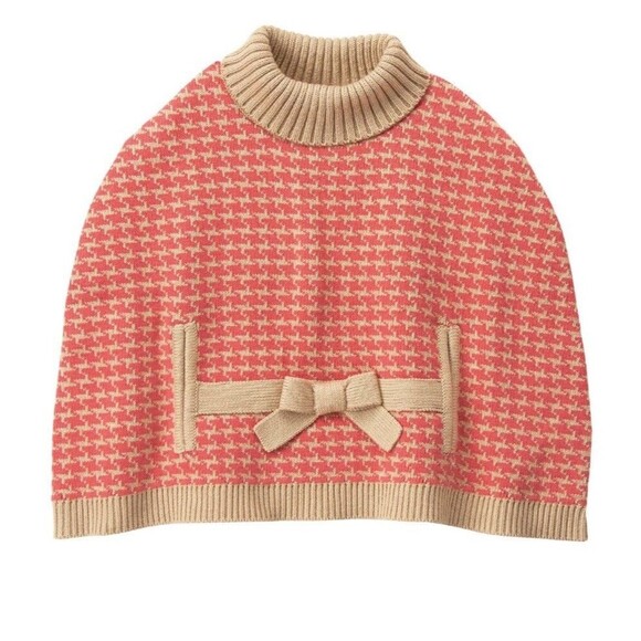 Janie and Jack Girls 4 Knit Cape Pink Coral Houndstooth Bow Preppy Classic - Picture 1 of 14